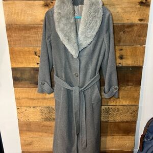 Vintage Sears Fashions Gray Long Wool Coat with Faux Fur Collar